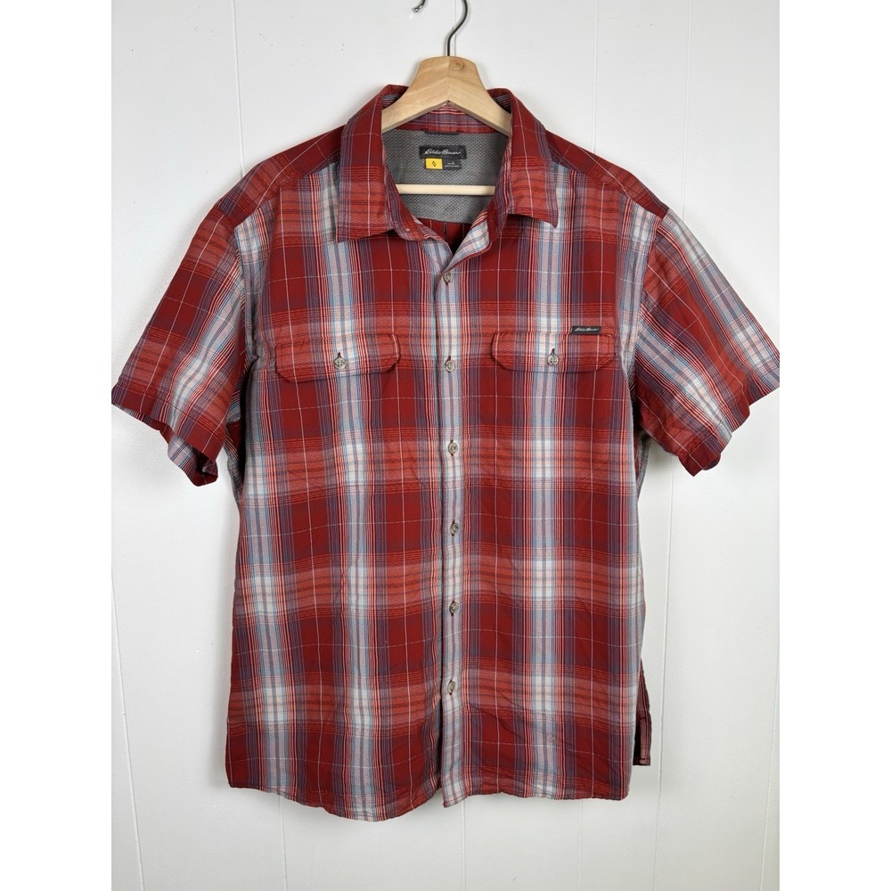 Eddie Bauer Mens Size Large Hiking Shirt Burnt‎ Orange Plaid Short Sleeve